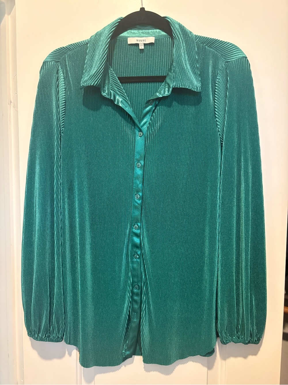 RO&DE Teal Pleated Satin Button-Up Blouse